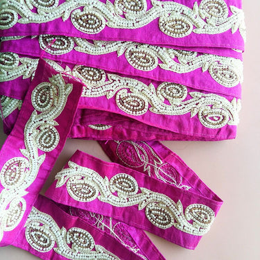 Fuchsia Pink Trim With White Pearl Beads And Beige And Gold Embroidery, Approx. 44.5 mm Wide - 200317L530